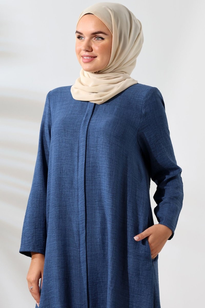 Women's Navy Blue Melange Linen-Look Two-Piece Set with Hidden Zipper for Hajj and Umrah (Pilgrimage) - ihvan