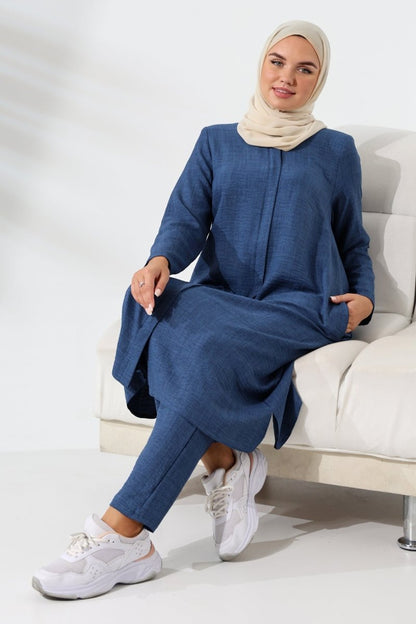 Women's Navy Blue Melange Linen-Look Two-Piece Set with Hidden Zipper for Hajj and Umrah (Pilgrimage) - ihvan