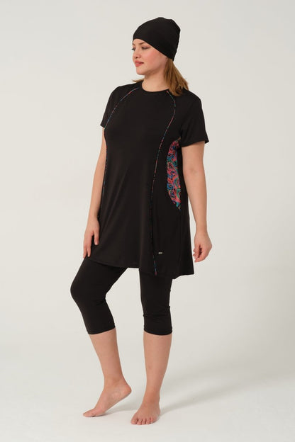 Women's Patterned Quick - Drying Semi - Covered Hijab Swimsuit 2523 - 25 Black - ihvan