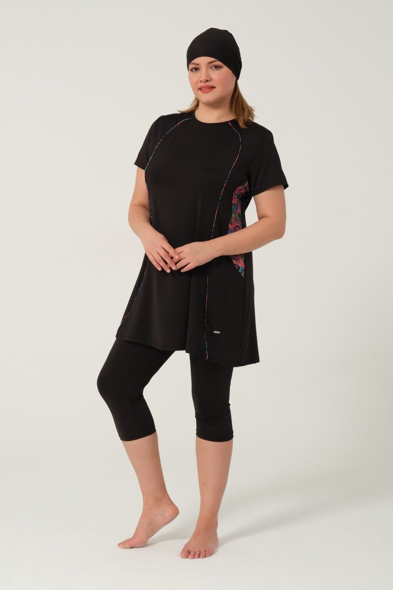 Women's Patterned Quick - Drying Semi - Covered Hijab Swimsuit 2523 - 25 Black - ihvan
