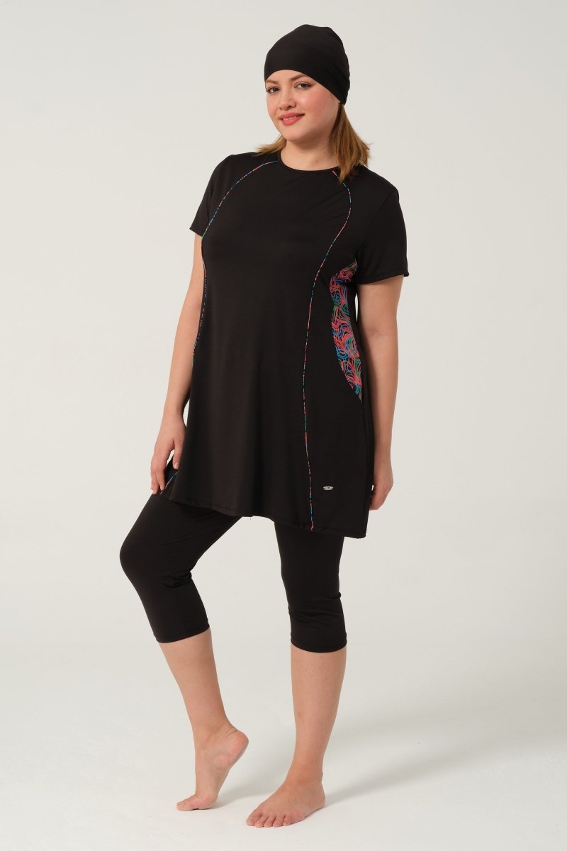 Women's Patterned Quick - Drying Semi - Covered Hijab Swimsuit 2523 - 25 Black - ihvan