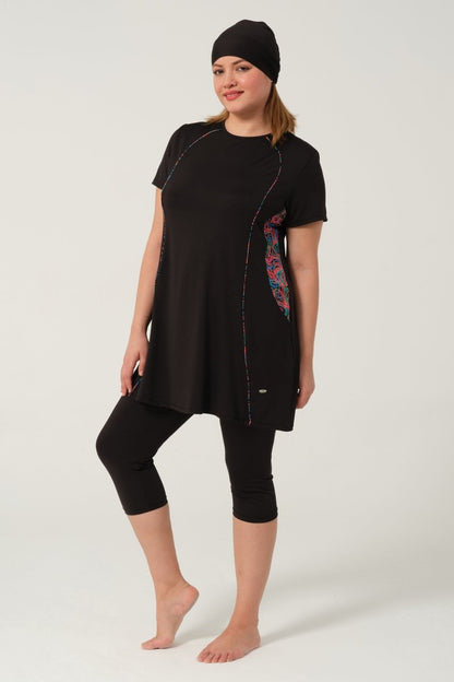 Women's Patterned Quick - Drying Semi - Covered Hijab Swimsuit 2523 - 25 Black - ihvan