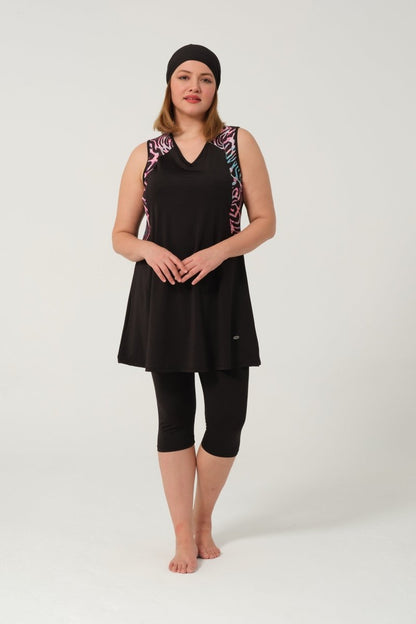 Women's Plus Size Patterned Semi - Covered Hijab Swimsuit Set 2525 - 25 Black - ihvan