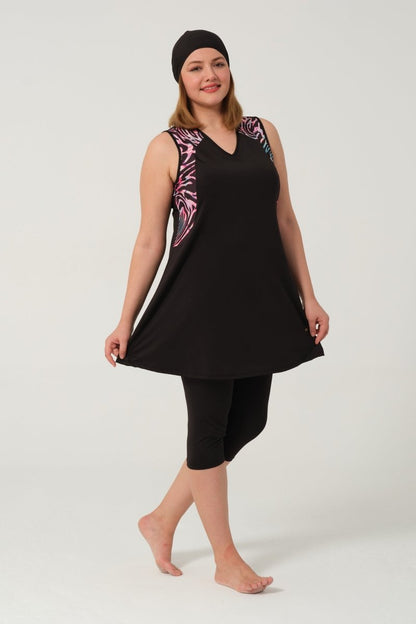 Women's Plus Size Patterned Semi - Covered Hijab Swimsuit Set 2525 - 25 Black - ihvan