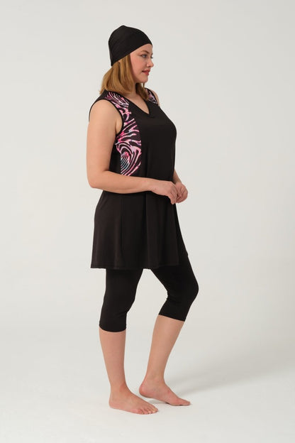 Women's Plus Size Patterned Semi - Covered Hijab Swimsuit Set 2525 - 25 Black - ihvan