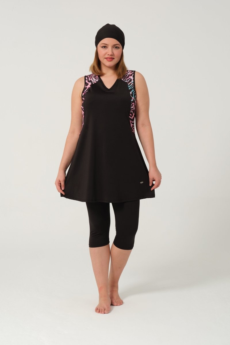 Women's Plus Size Patterned Semi - Covered Hijab Swimsuit Set 2525 - 25 Black - ihvan
