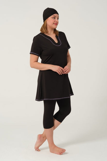 Women's Solid Pattern Semi - Covered Hijab Swimsuit 24185 - 25 Black - ihvan