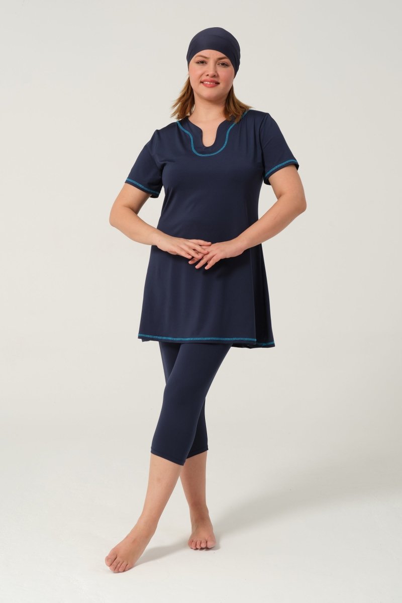 Women's Solid Pattern Semi - Covered Hijab Swimsuit 24185 - 25 Dark Navy - ihvan