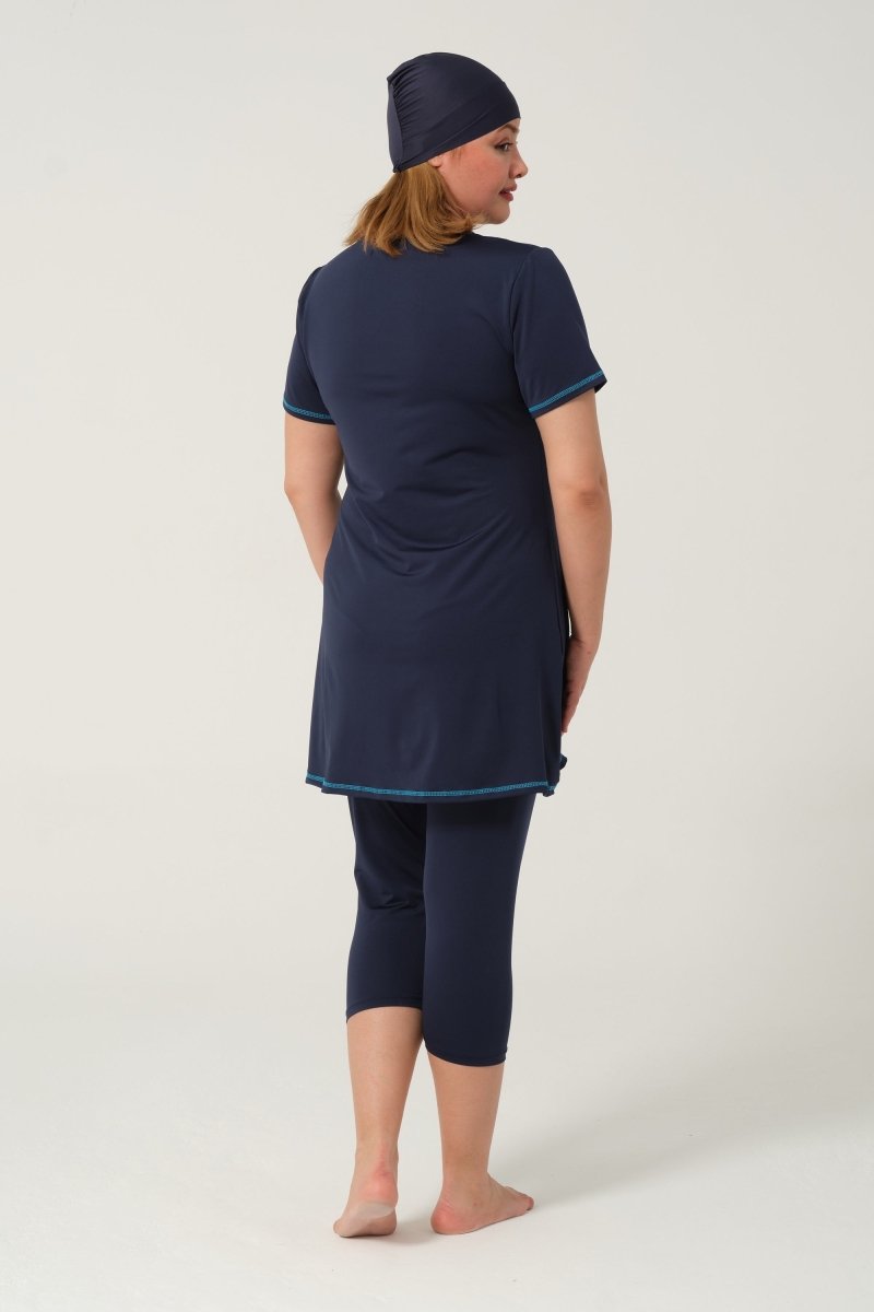 Women's Solid Pattern Semi - Covered Hijab Swimsuit 24185 - 25 Dark Navy - ihvan