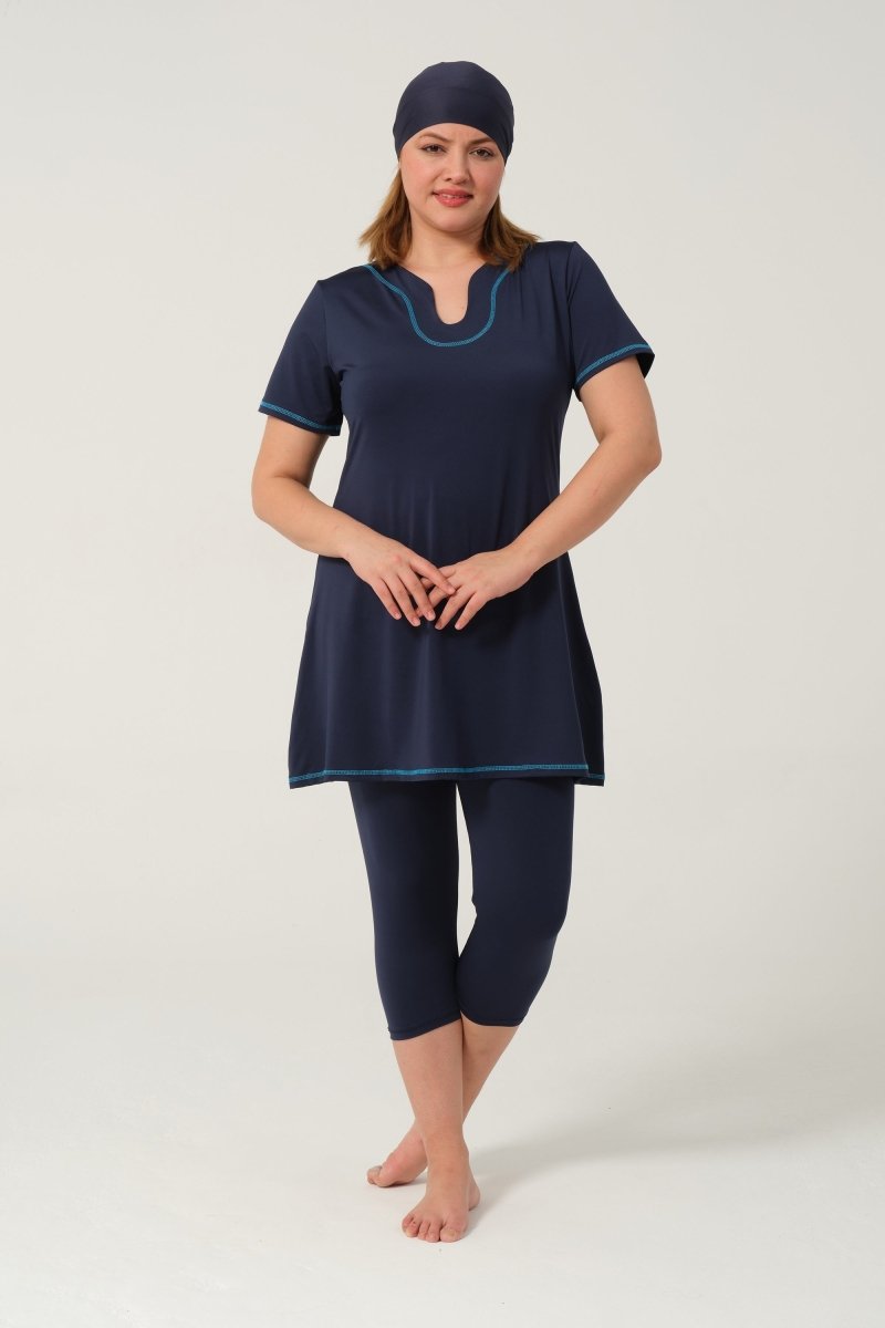 Women's Solid Pattern Semi - Covered Hijab Swimsuit 24185 - 25 Dark Navy - ihvan