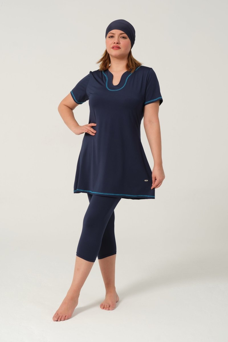 Women's Solid Pattern Semi - Covered Hijab Swimsuit 24185 - 25 Dark Navy - ihvan