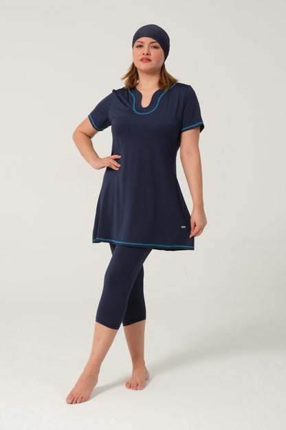 Women's Solid Pattern Semi - Covered Hijab Swimsuit 24185 - 25 Dark Navy - ihvan