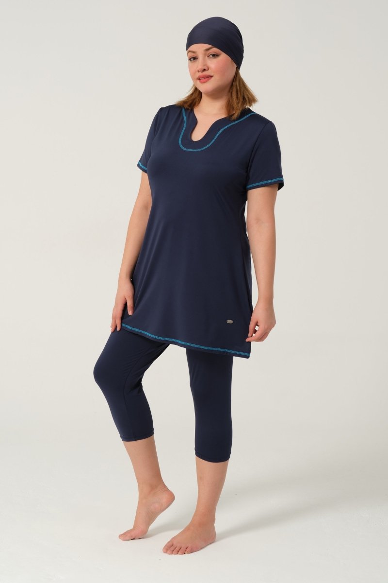 Women's Solid Pattern Semi - Covered Hijab Swimsuit 24185 - 25 Dark Navy - ihvan
