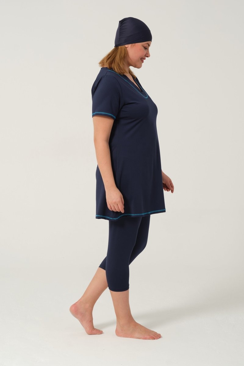 Women's Solid Pattern Semi - Covered Hijab Swimsuit 24185 - 25 Dark Navy - ihvan