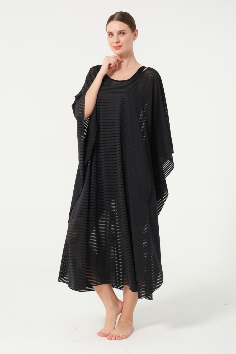 Women's Striped Patterned Belted Chiffon Pareo - 2635 - 25 Black - ihvan