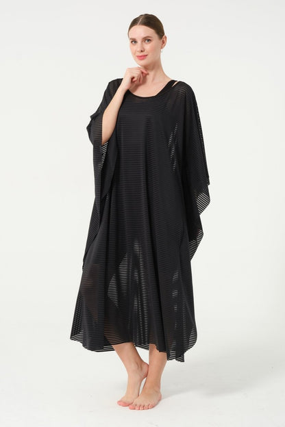 Women's Striped Patterned Belted Chiffon Pareo - 2635 - 25 Black - ihvan