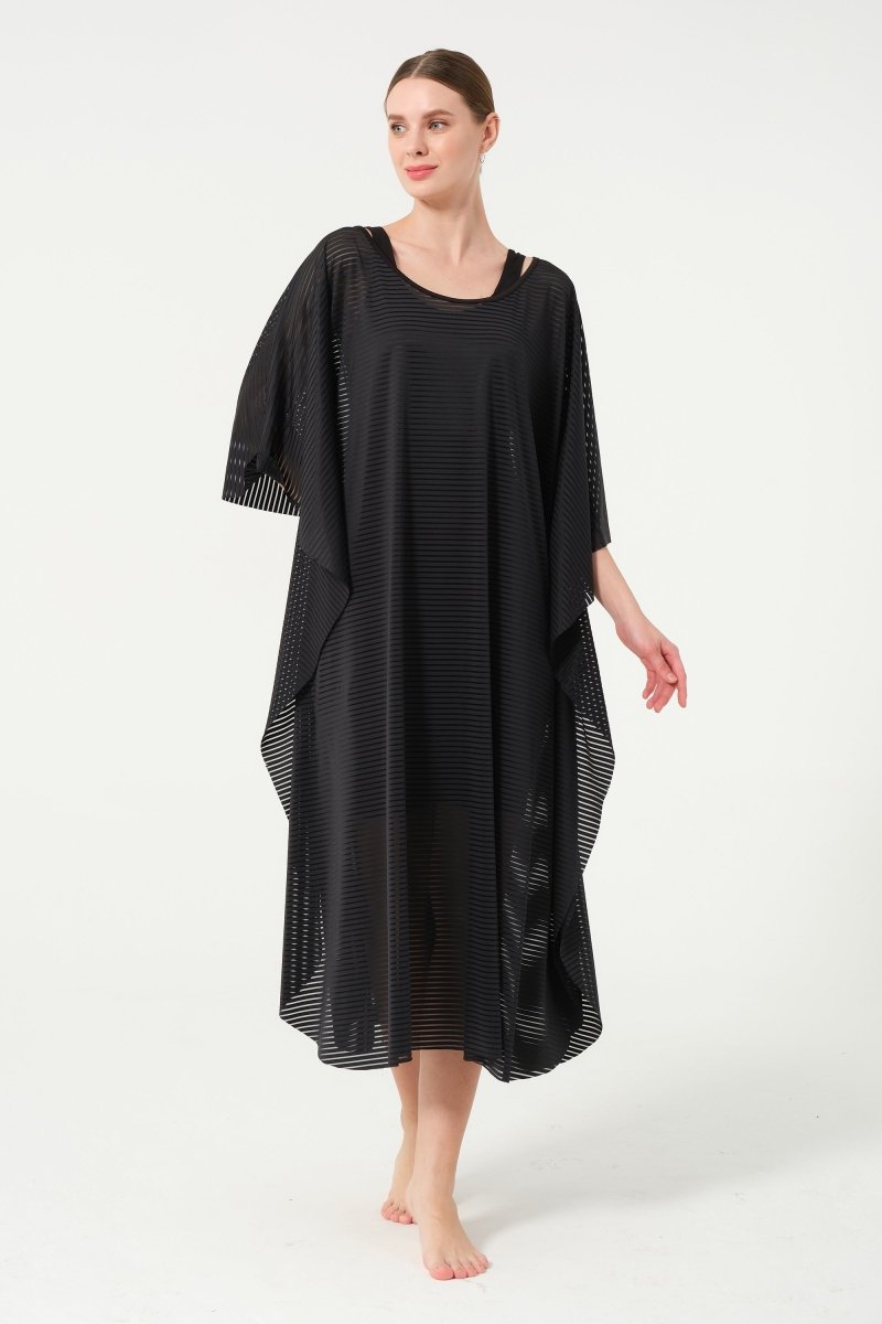 Women's Striped Patterned Belted Chiffon Pareo - 2635 - 25 Black - ihvan
