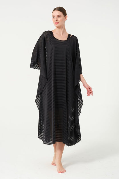 Women's Striped Patterned Belted Chiffon Pareo - 2635 - 25 Black - ihvan