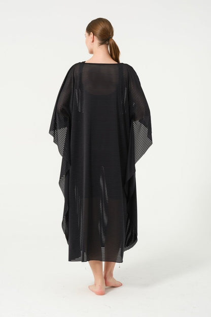 Women's Striped Patterned Belted Chiffon Pareo - 2635 - 25 Black - ihvan
