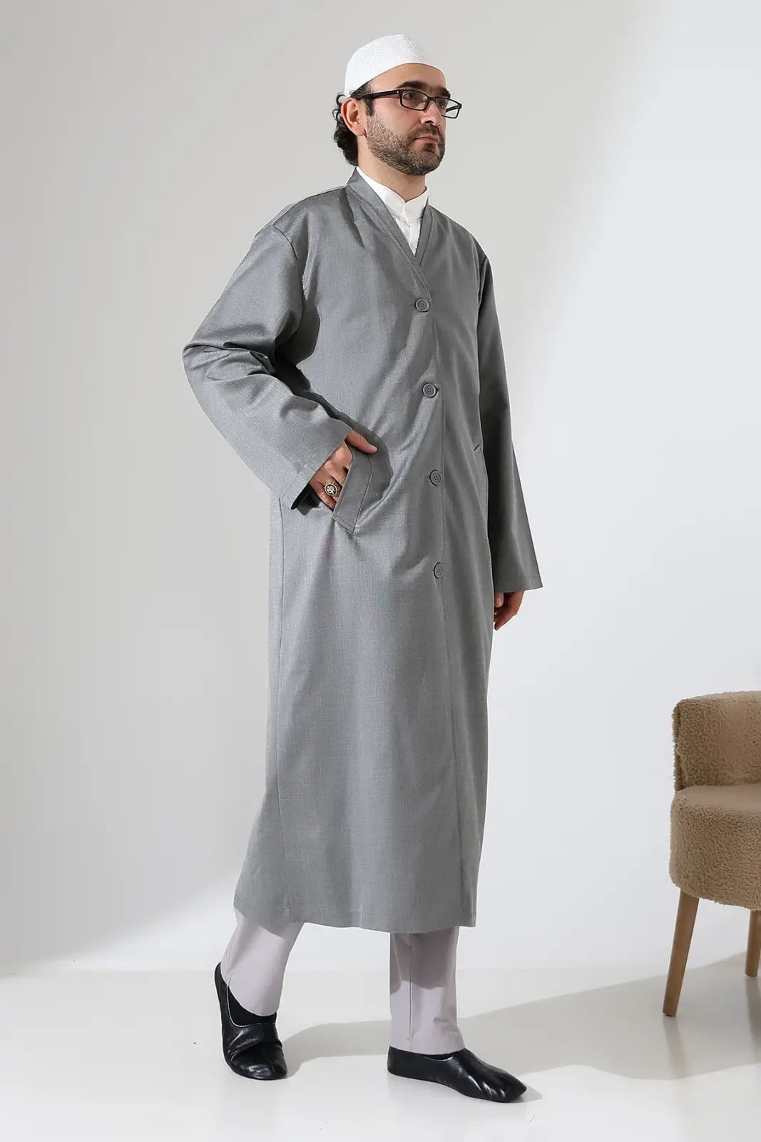 Men’s Bukhara Collar Jubbah – Half-Lined Buttoned Islamic Robe
