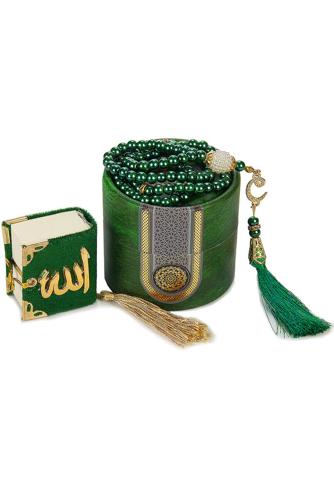 4 Colors Islamic Prayer Cylinder Gift Box with Elegant Velvet Covered Mini Quran & Prayer Beads Tesbih, Ramadan & Eid Gift